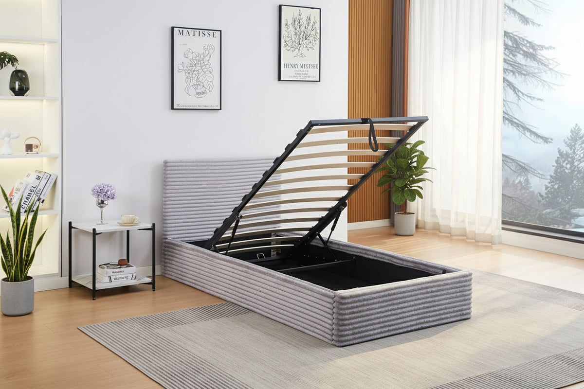 Lit coffre velours côtelé gris 90x190 cm sommier inclus MAIA