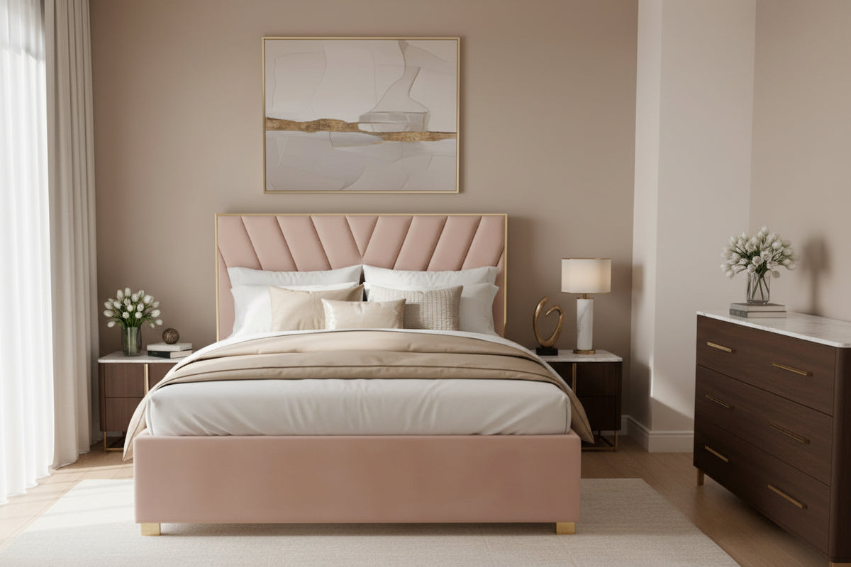 Lit Adulte Vera 140x190 cm Velours Beige Sommier Inclus Pieds Acier Gold
