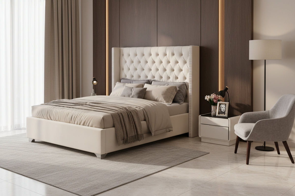 Lit double 180x200 cm velours nude tête capitonnée sommier inclus PRINCESSE