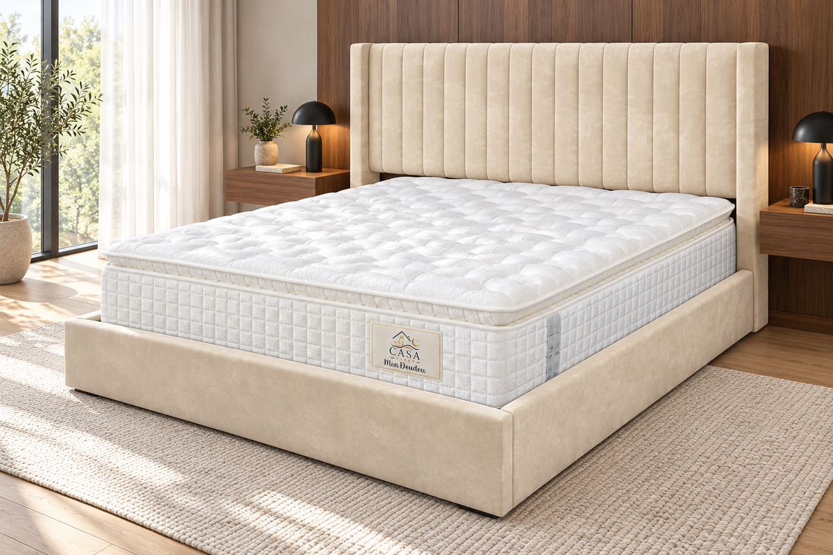 Matelas 180 × 200 cm beige — Photo en situation — lit et accessoires non inclus