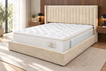 Matelas 180 × 200 cm beige — Photo en situation — lit et accessoires non inclus