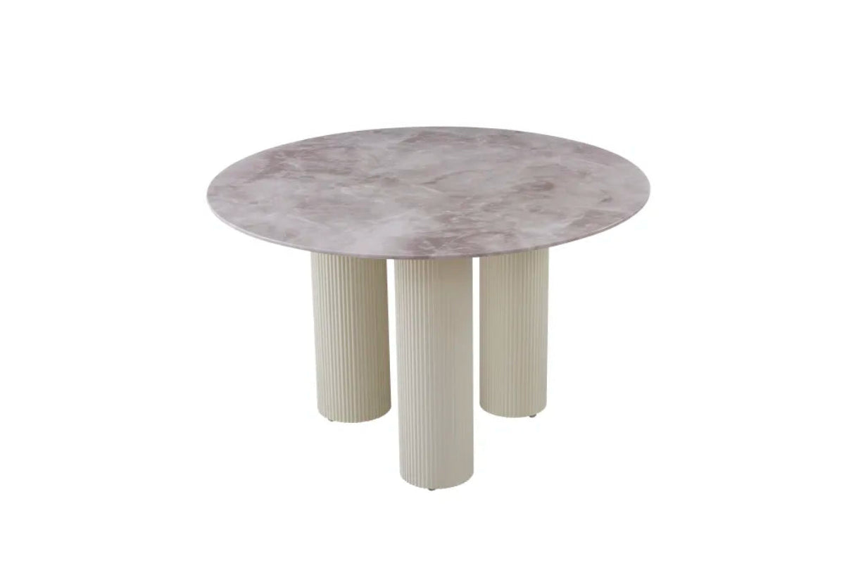 Table repas ANAIS pieds beige plateau céramique 120 cm #couleur_marbré-gris
