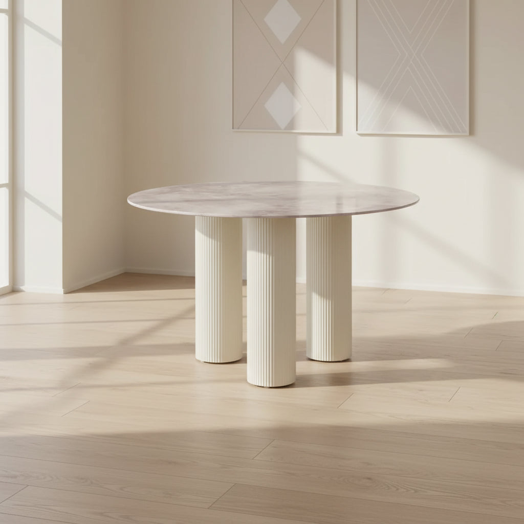 Table repas ronde céramique marbré gris 120 cm pieds beiges – ANAIS