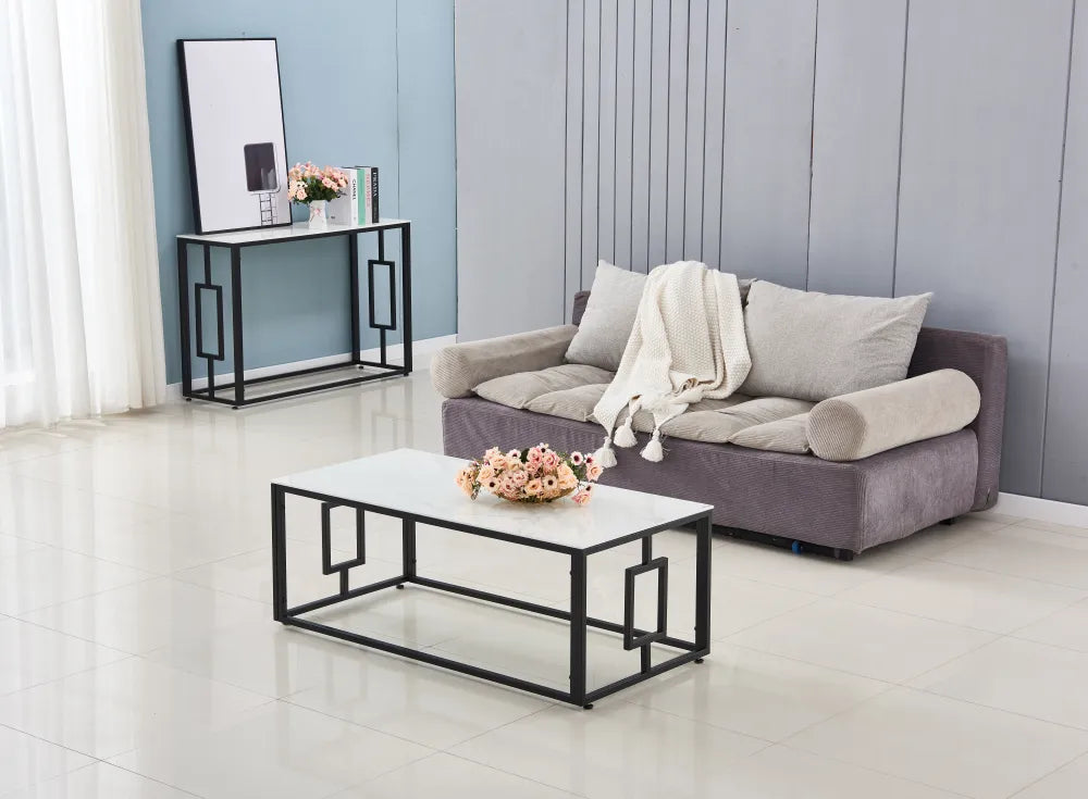 Table Basse SOPHIE Pieds Métal Noir Plateau Verre Trempé Marbré Blanc 120x60x45cm