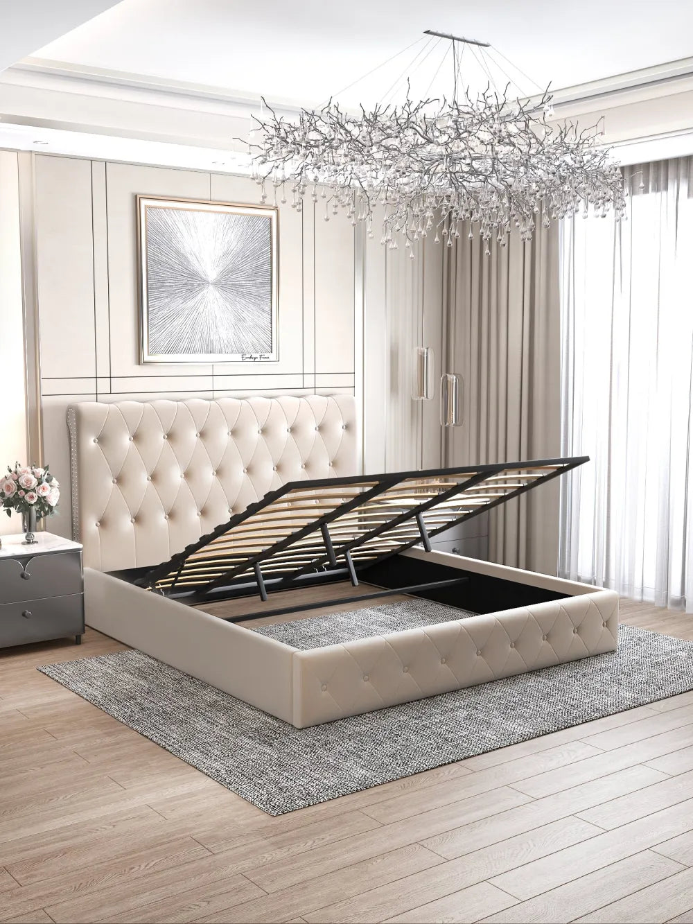 Lit coffre 2 places en velours beige 140x190cm