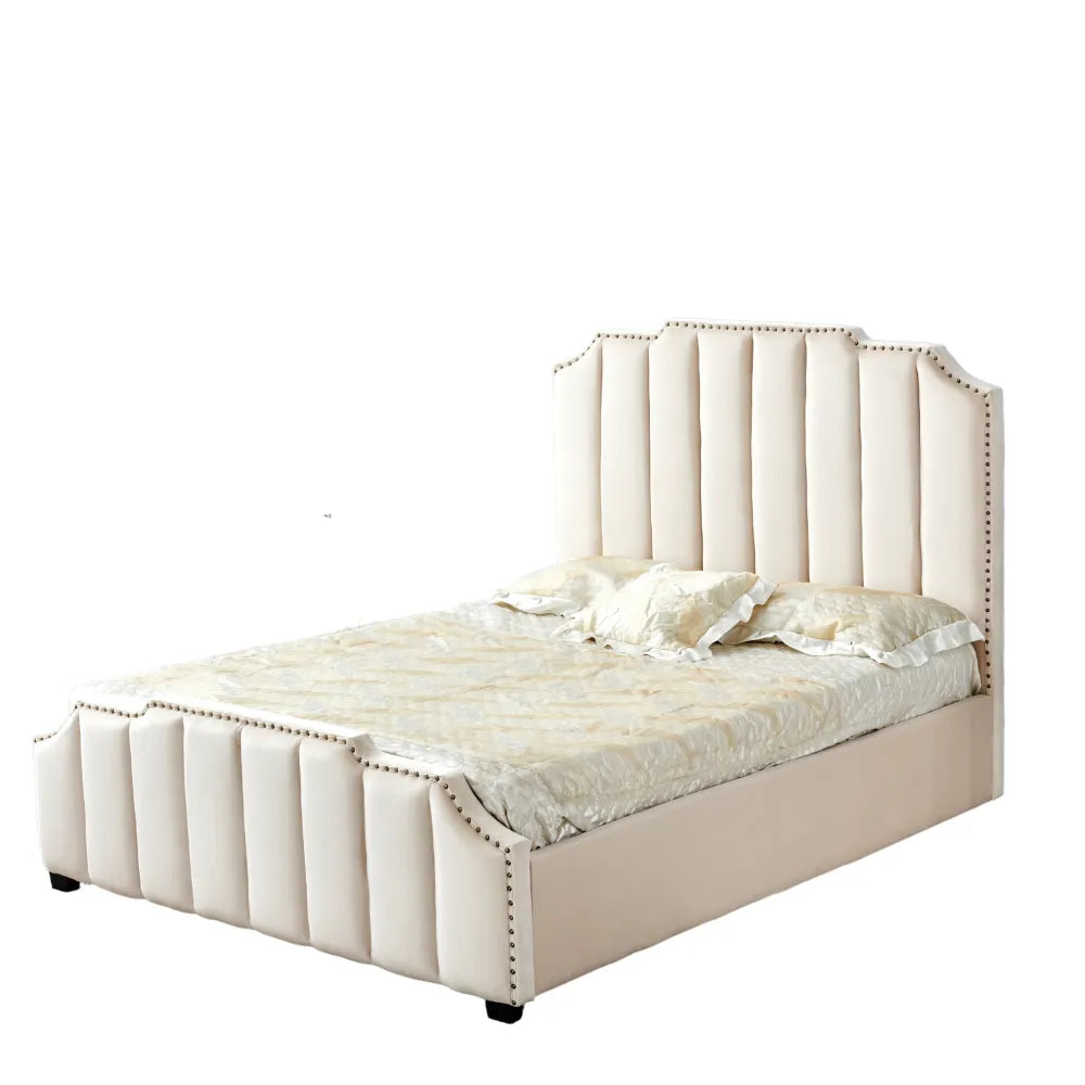 Lit Adulte Pepper 160x200 cm Velours Beige Clouté Sommier Inclus