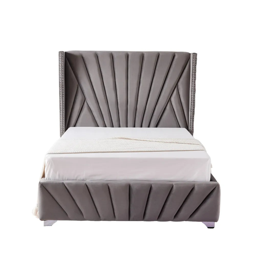 Lit 2 places 140x190 cm velours gris sommier intégré BONIFACIO