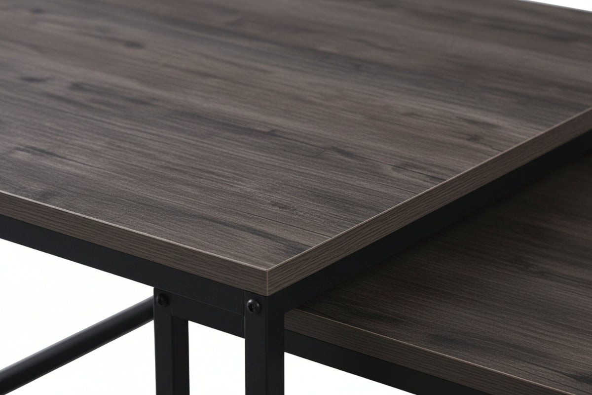 Lot 2 Tables Basses Gigognes BELGRADE Métal Noir Plateau Bois Gris 70x70x46 / 50x50x40cm
