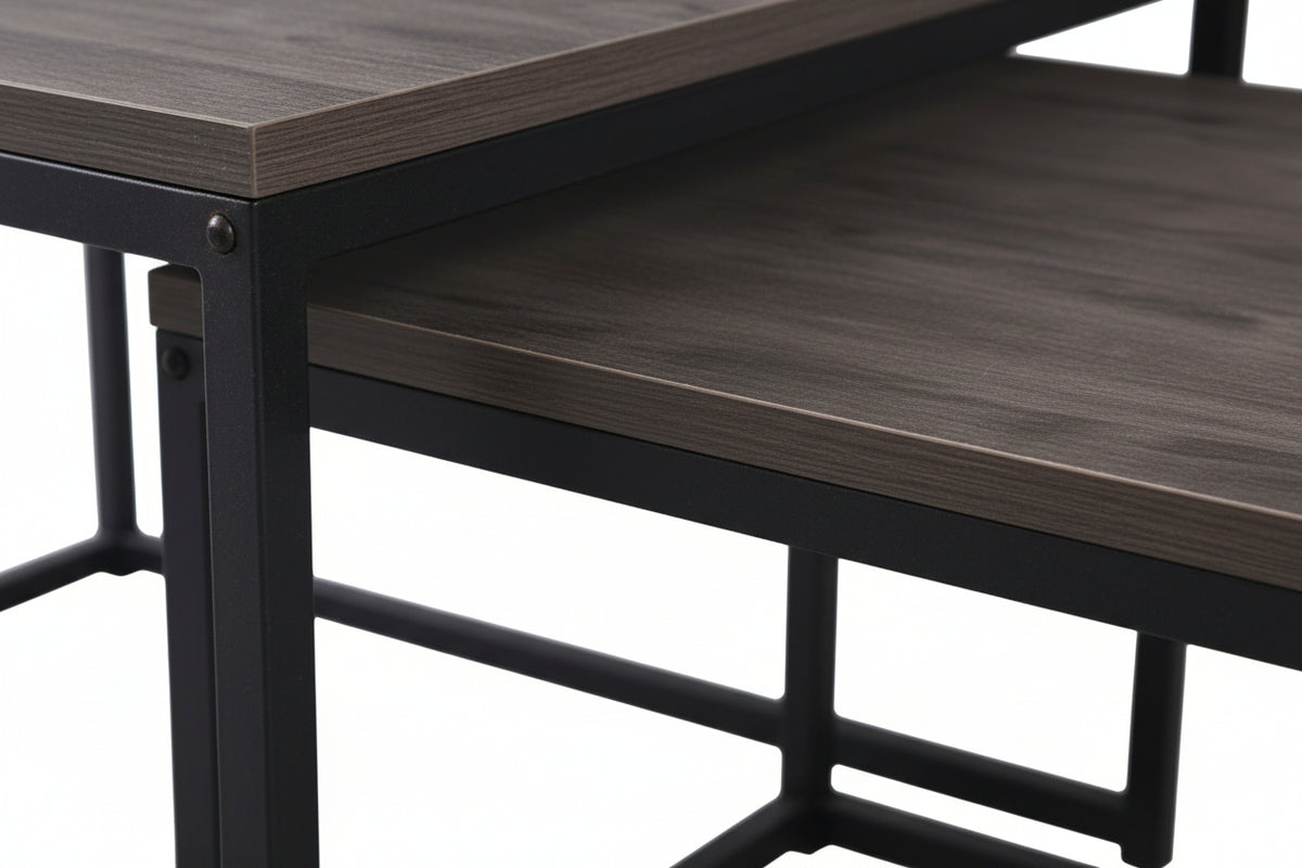 Lot 2 Tables Basses Gigognes BELGRADE Métal Noir Plateau Bois Gris 70x70x46 / 50x50x40cm