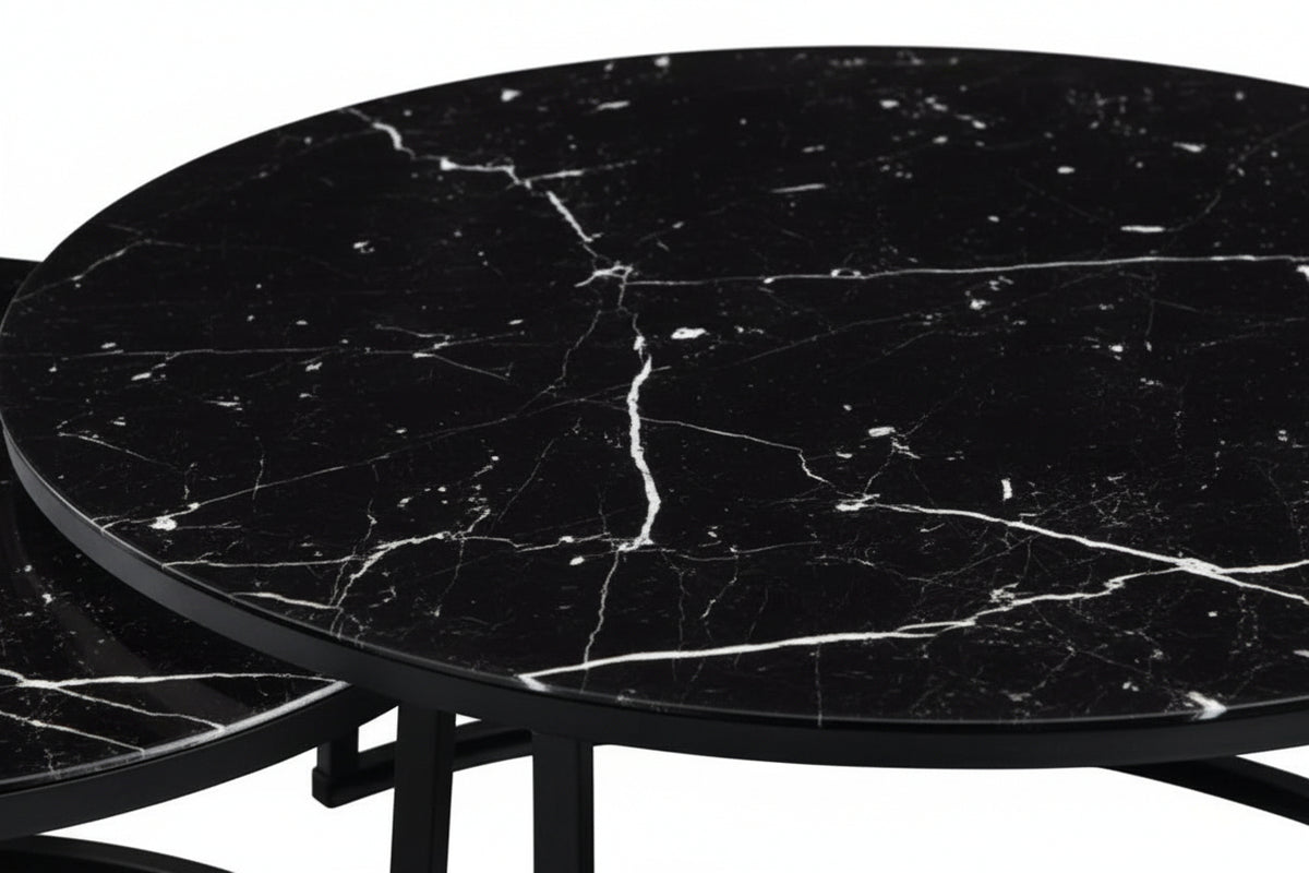 Lot 2 tables basses gigognes rondes effet marbré noir D80 D60 ARTO