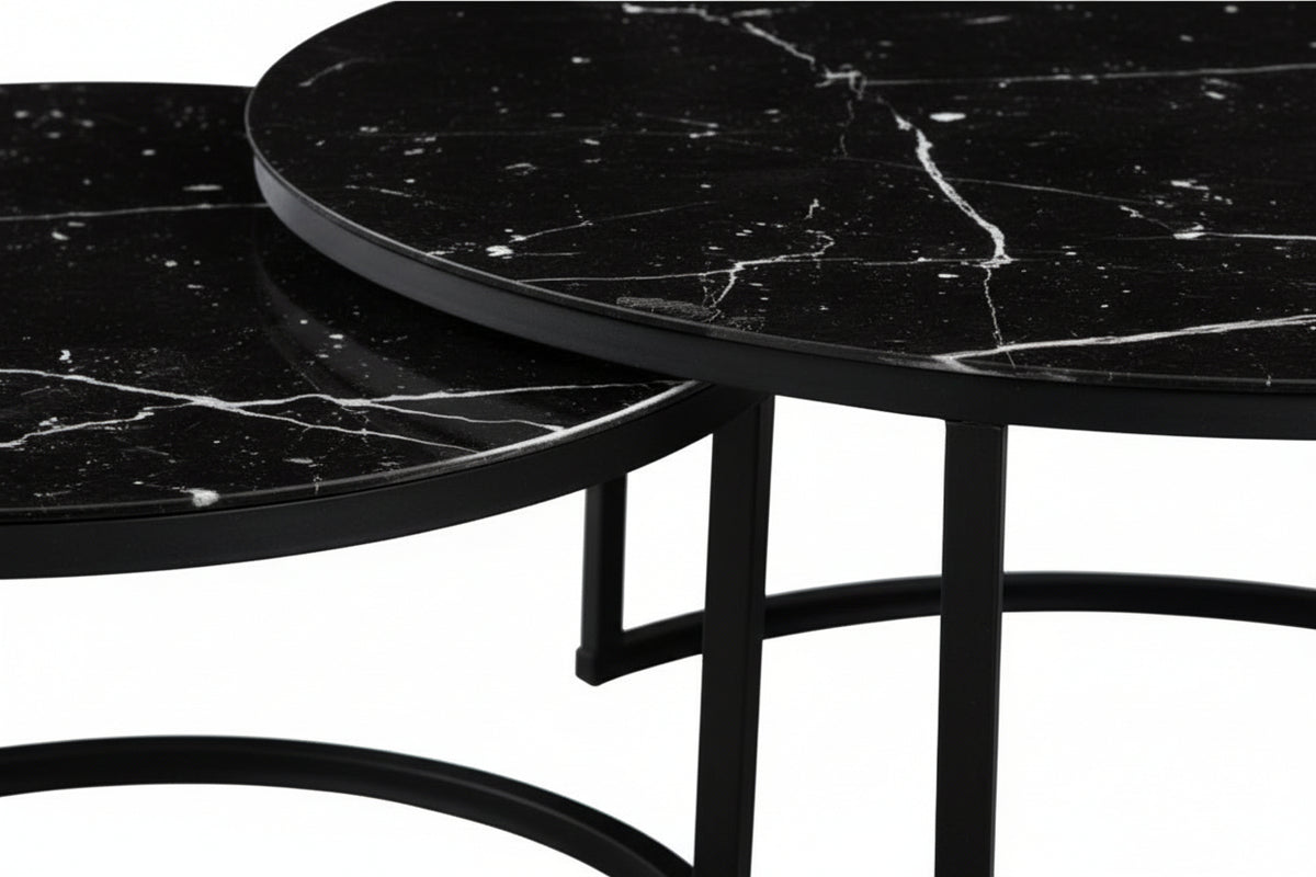 Lot 2 tables basses gigognes rondes effet marbré noir D80 D60 ARTO