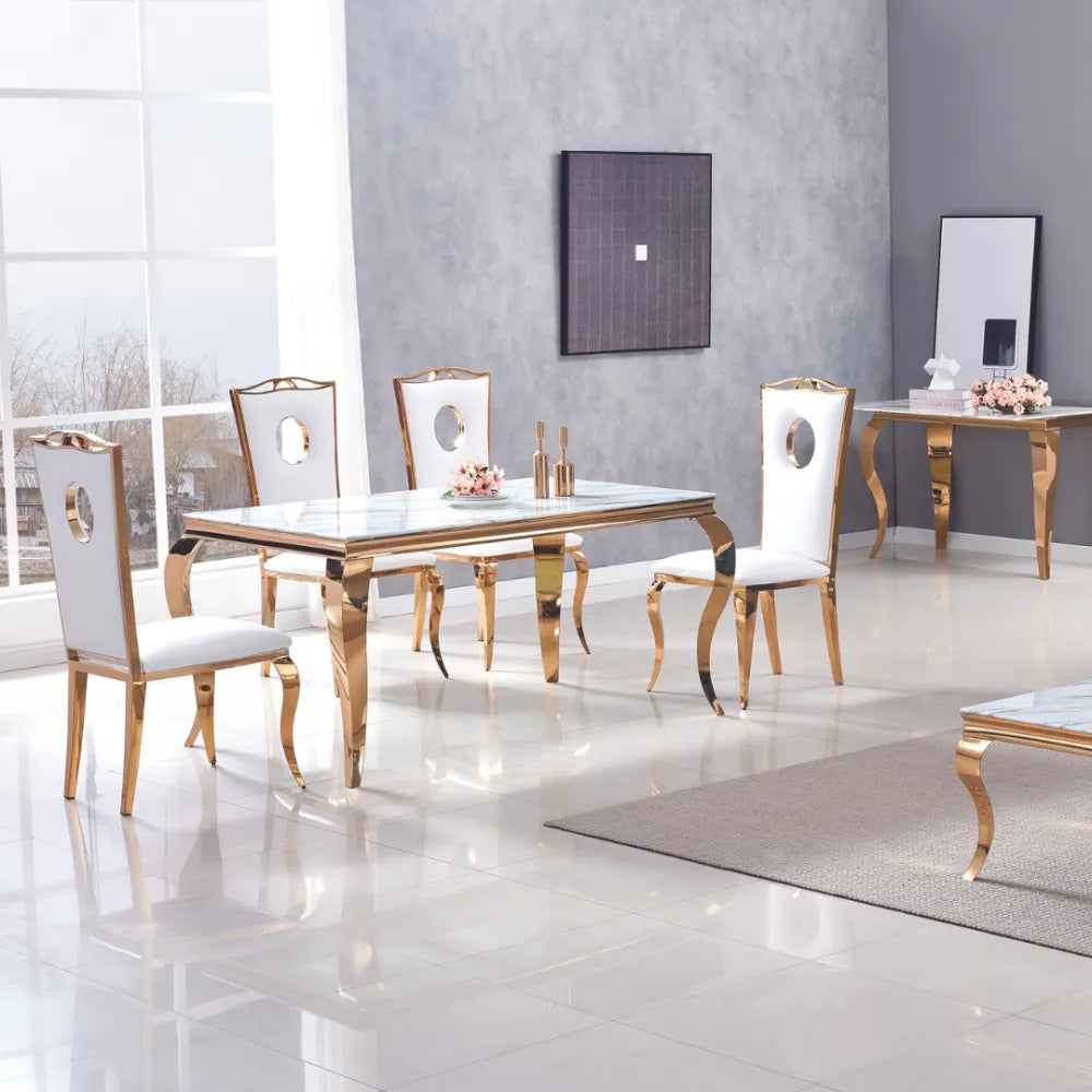 Table à manger BAROQUE 6 à 8 couverts pieds gold plateau en verre 180x90 cm #couleur_blanc