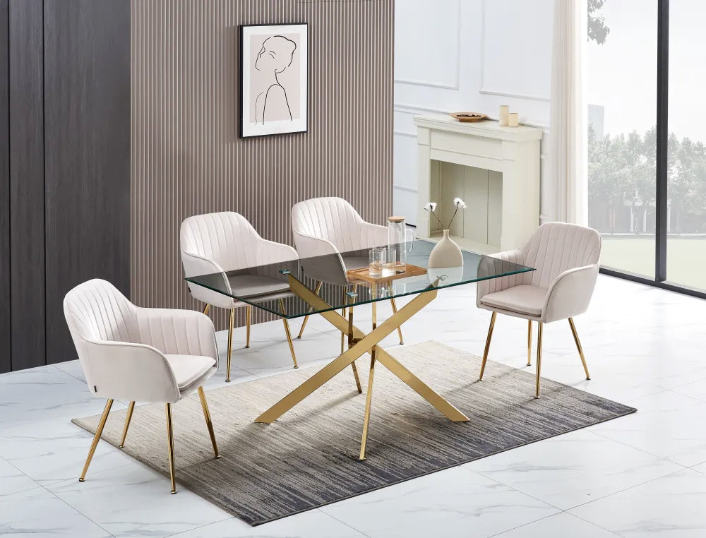 Table Repas JESSICA Gold et plateau en verre 150 cm 4 à 6 couverts transparent