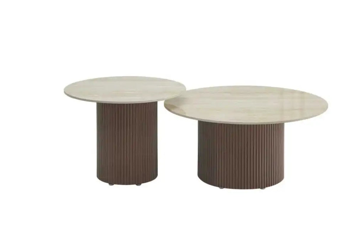 Duo Tables Gigognes Rondes Céramique Travertin Brillant & Pied Noyer Ø80 cm – BAIETA