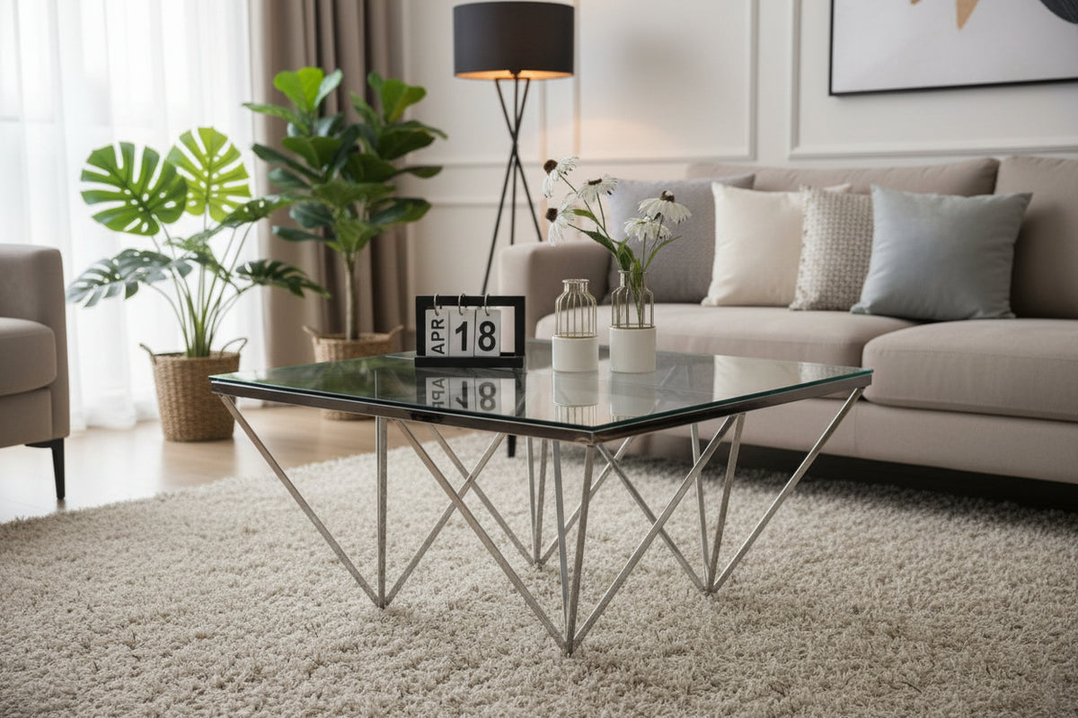Table Basse Carrée GIZE Plateau Verre Trempé Transparent Pieds Chrome 80x80x45cm