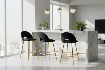 Lot 2 Tabourets de Bar Teddy Velours Noir Pieds Gold 47x36x98cm