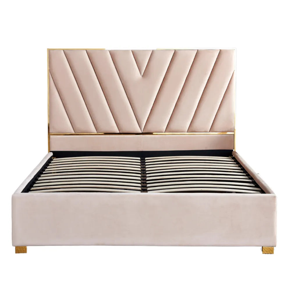 Lit Adulte Vera 140x190 cm Velours Beige Sommier Inclus Pieds Acier Gold