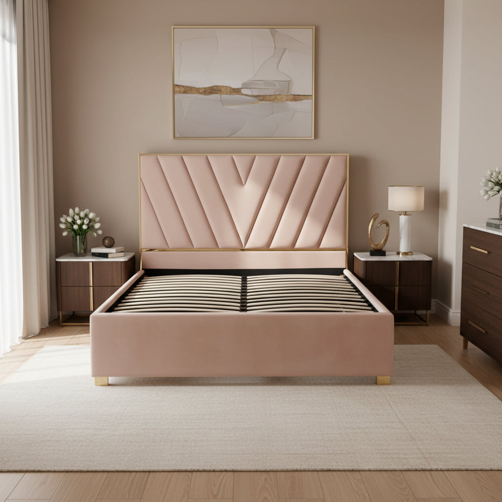 Lit Adulte Vera 140x190 cm Velours Beige Sommier Inclus Pieds Acier Gold