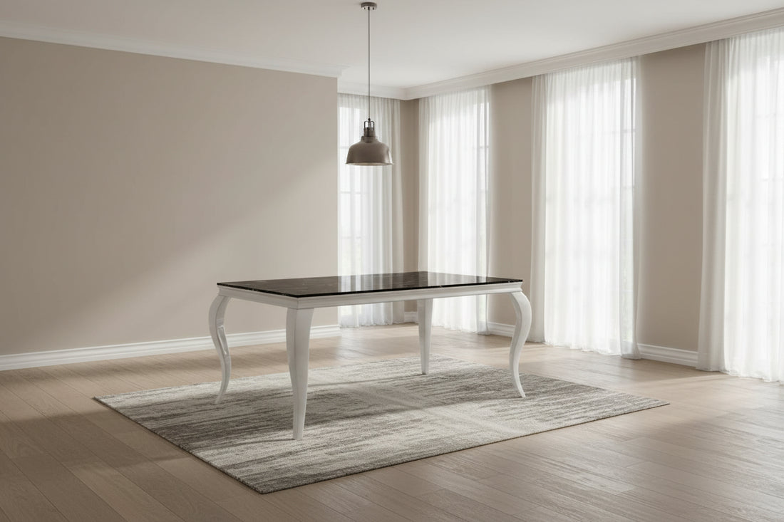 Table à manger BAROQUE 6 à 8 couverts pieds chrome plateau en verre 180x90 cm #couleur_marbré-noir