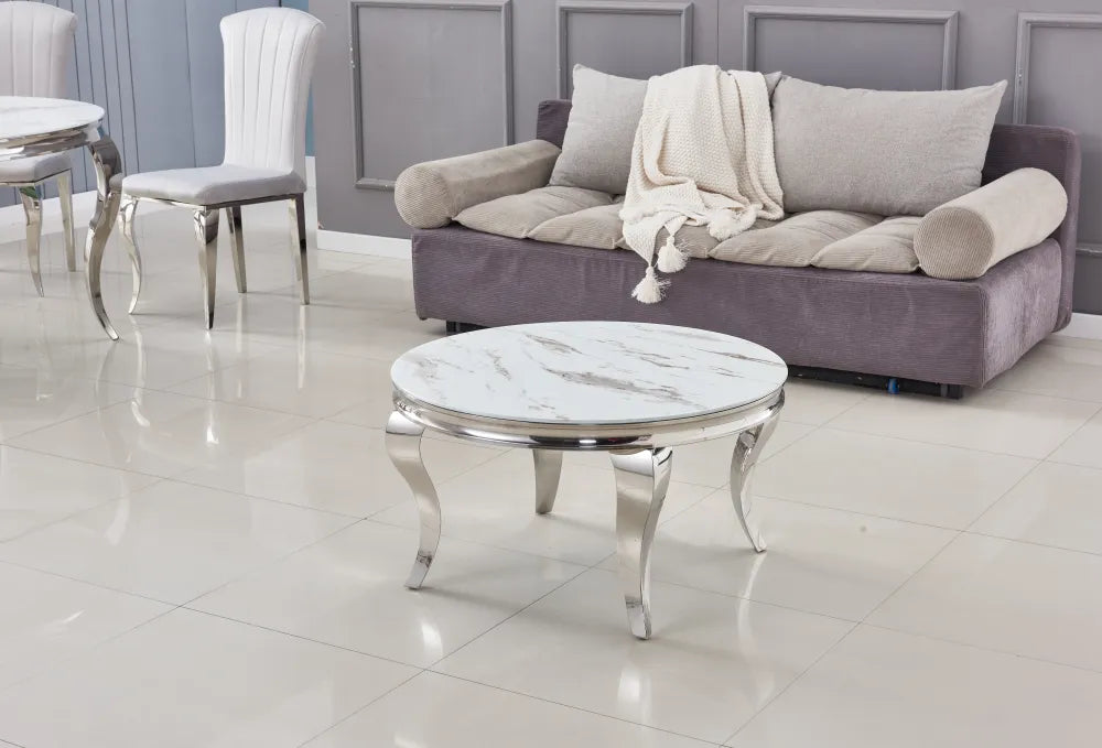 Table Basse BAROQUE Ronde Plateau Verre Trempé Marbré Blanc Structure Chrome D80x45cm