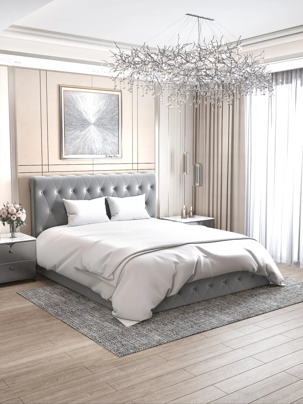 Lit coffre 2 places en velours gris 140x190cm CORSICA