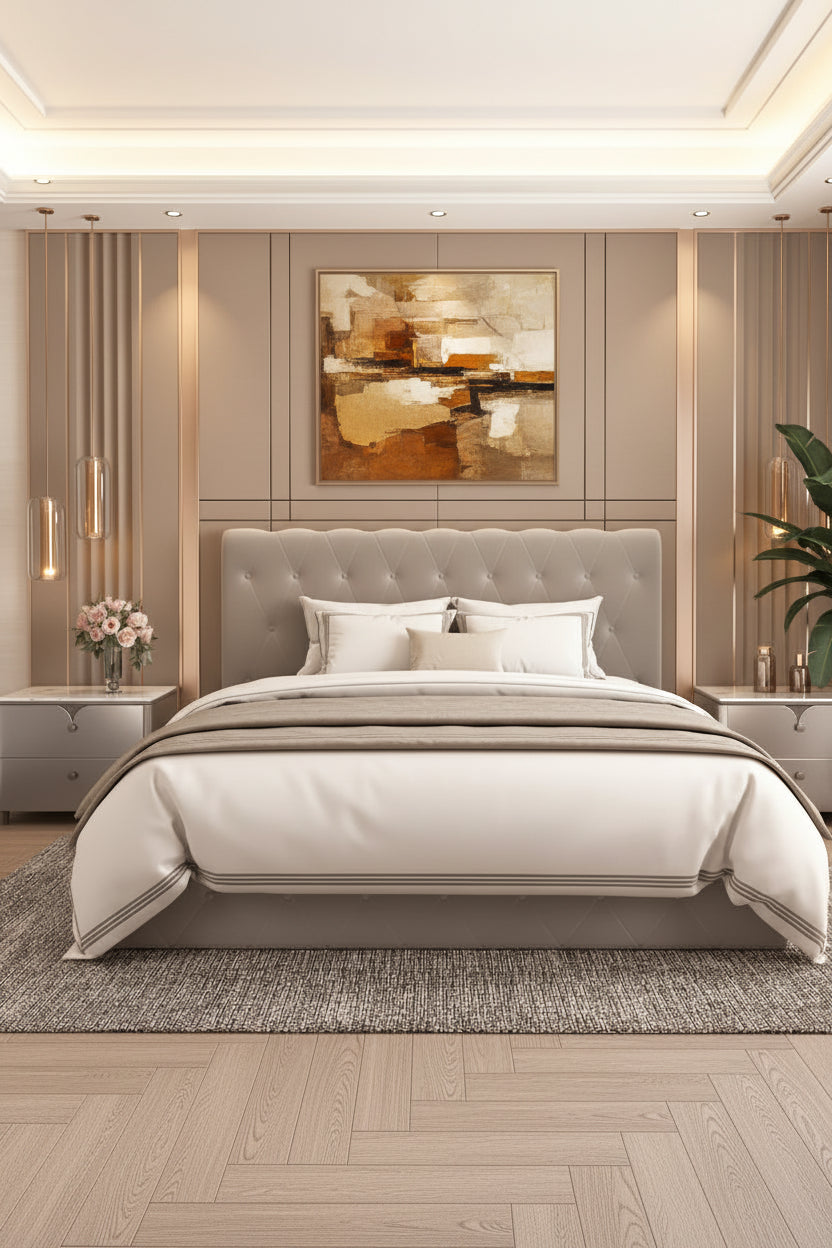 Lit coffre 2 places en velours beige 140x190cm