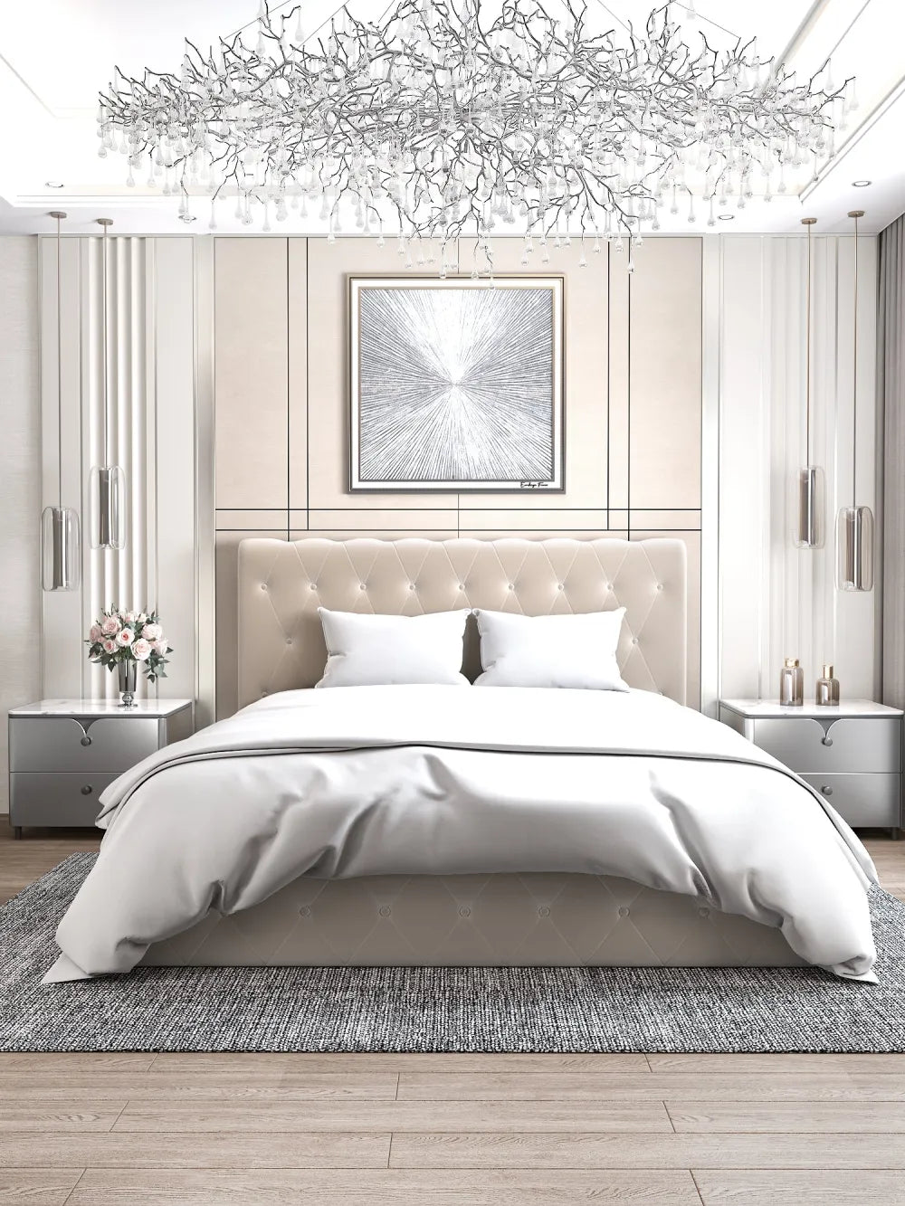 Lit coffre 2 places en velours beige 160x200cm CORSICA