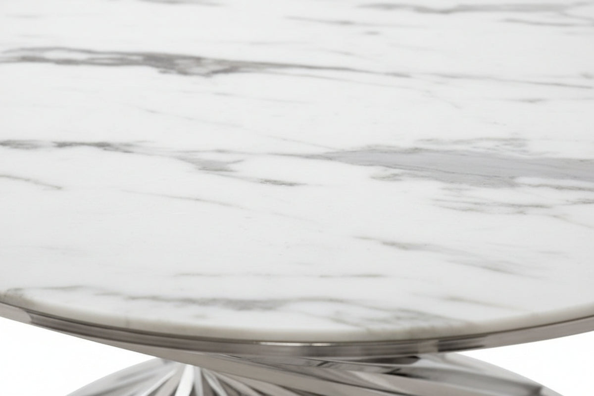 Table Basse NAUTILUS Ronde Plateau Verre Trempé Marbré Blanc Pieds Chrome D80x45cm