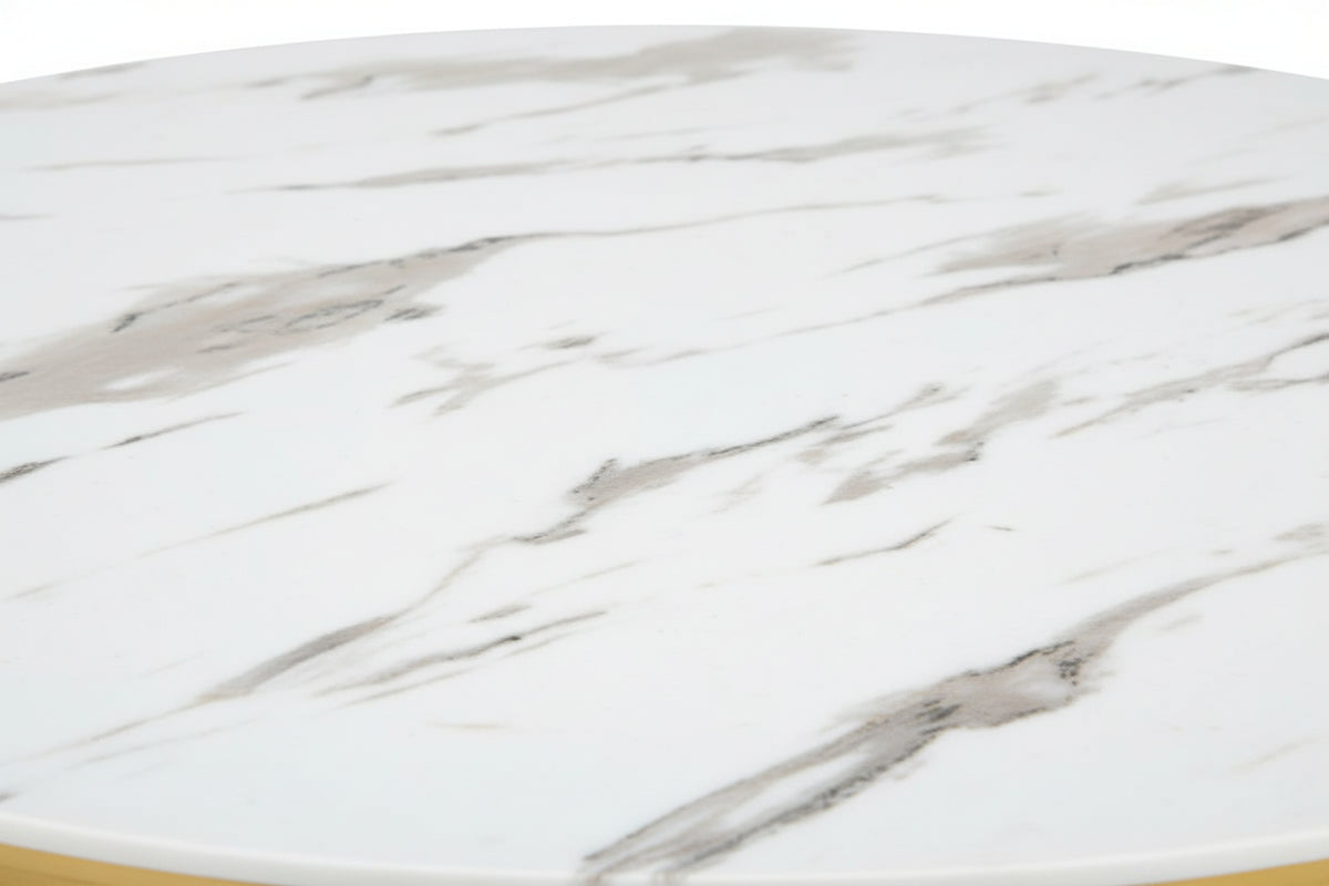 Table Basse LORIE Ronde Plateau Verre Trempé Marbré Blanc Structure Métal Gold D90x45cm