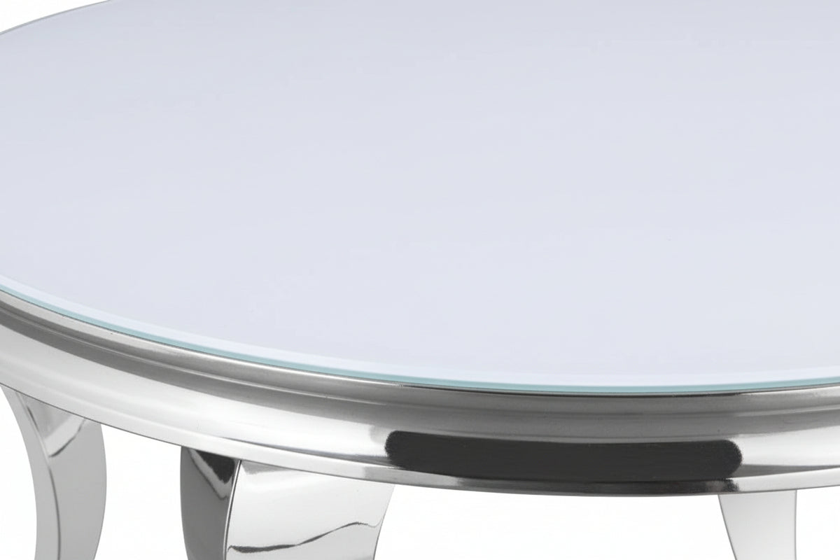 Table Basse BAROQUE Ronde Plateau Verre Trempé Blanc Structure Chrome D80x45cm
