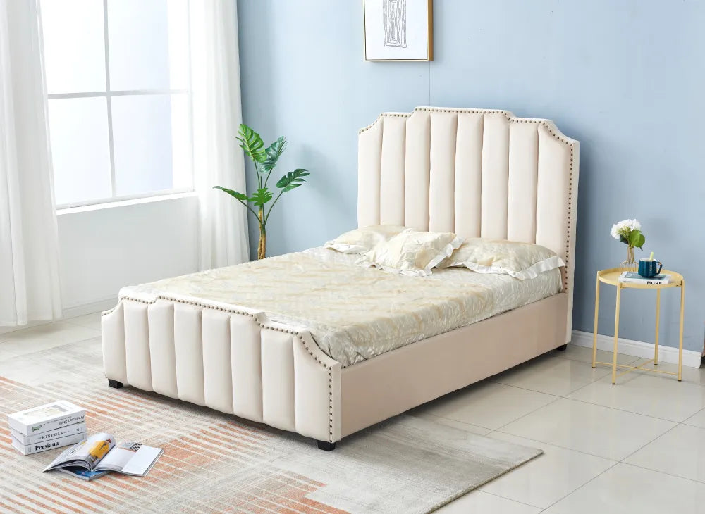 Lit Adulte Pepper 160x200 cm Velours Beige Clouté Sommier Inclus