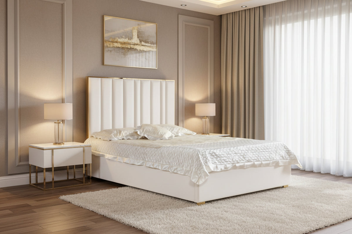 Lit 2 places 140x190 cm velours beige sommier inclus TONY