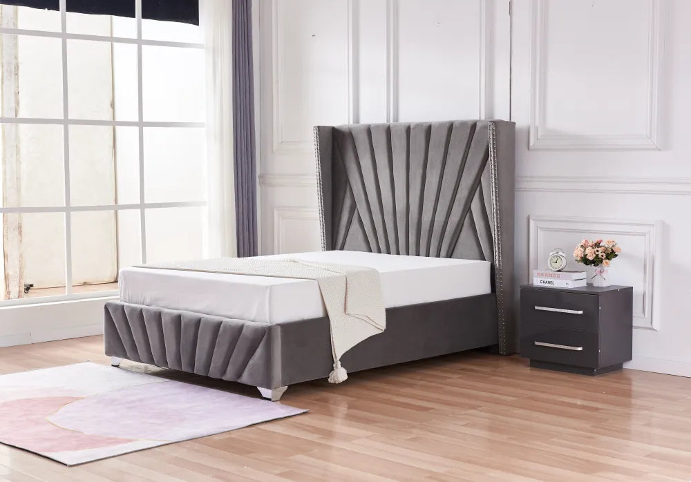 Lit 2 places 140x190 cm velours gris sommier intégré BONIFACIO