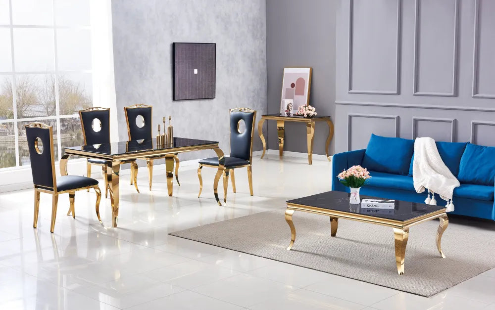 Table à manger BAROQUE 4 à 6 couverts pieds gold plateau en verre 150x90 cm #couleur_marbré-noir