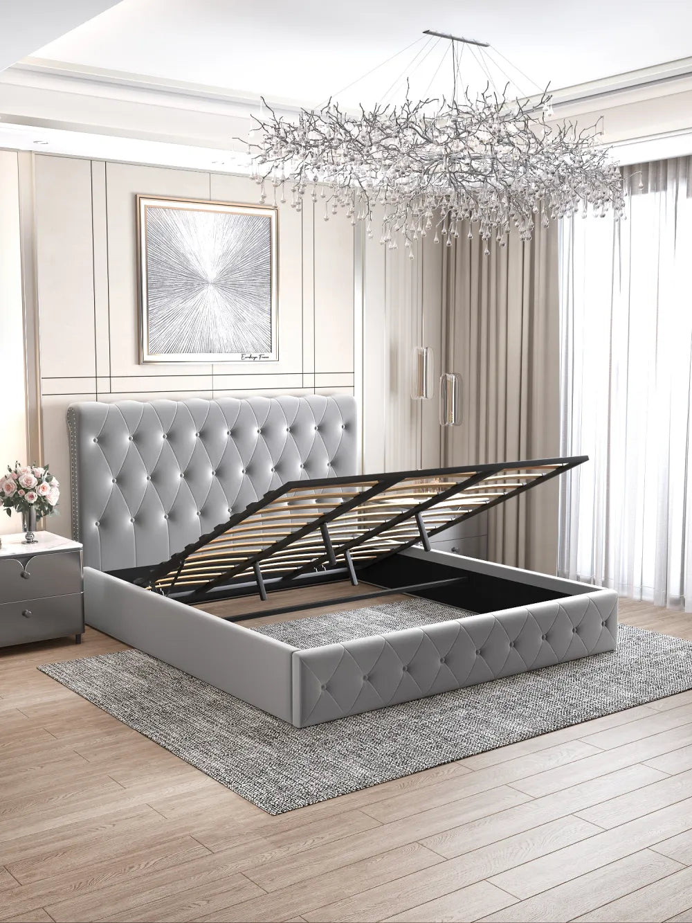 Lit coffre 2 places en velours gris 140x190cm CORSICA