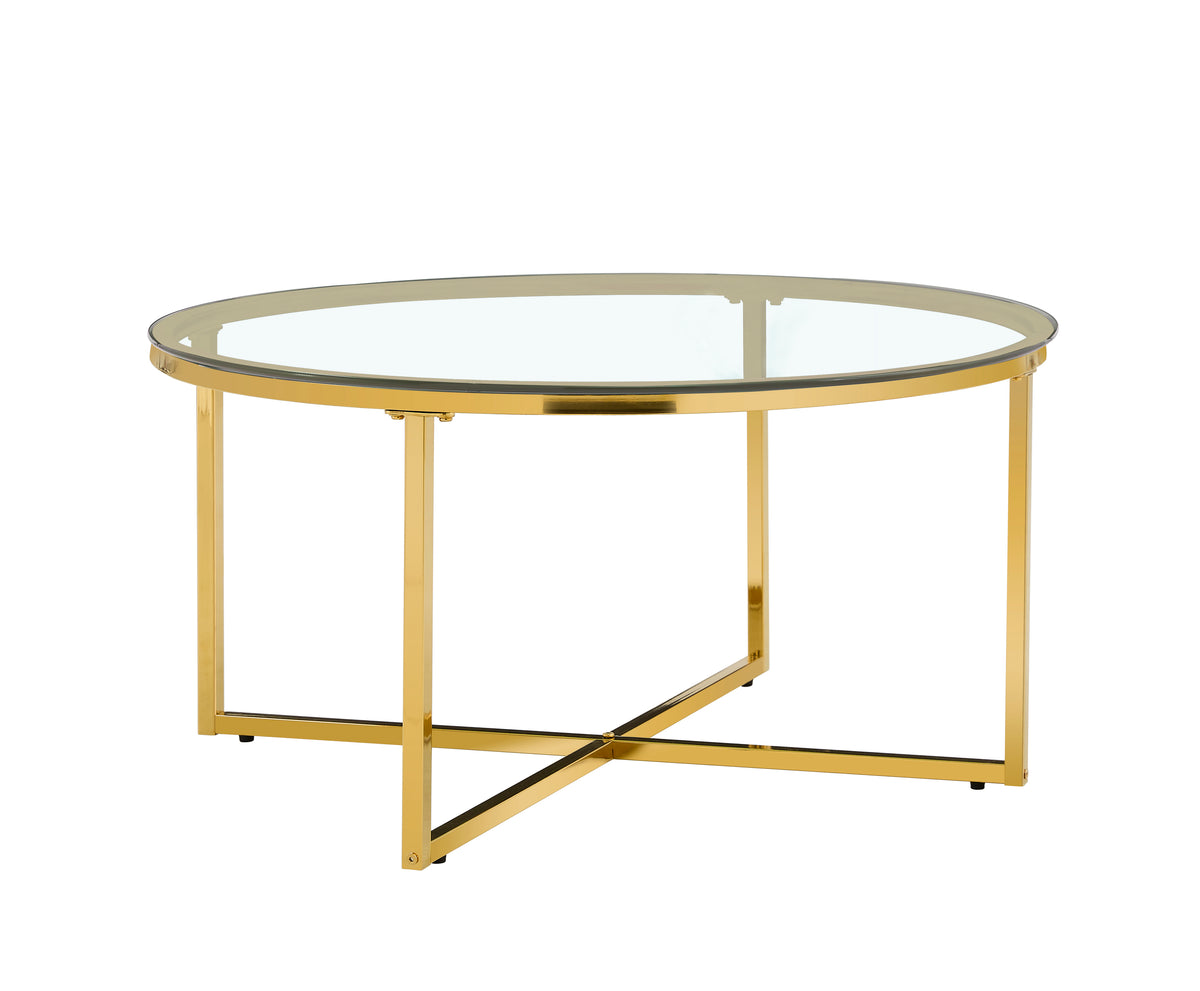 Table Basse LORIE Ronde Plateau Verre Trempé Transparent Structure Métal Gold D90x45cm