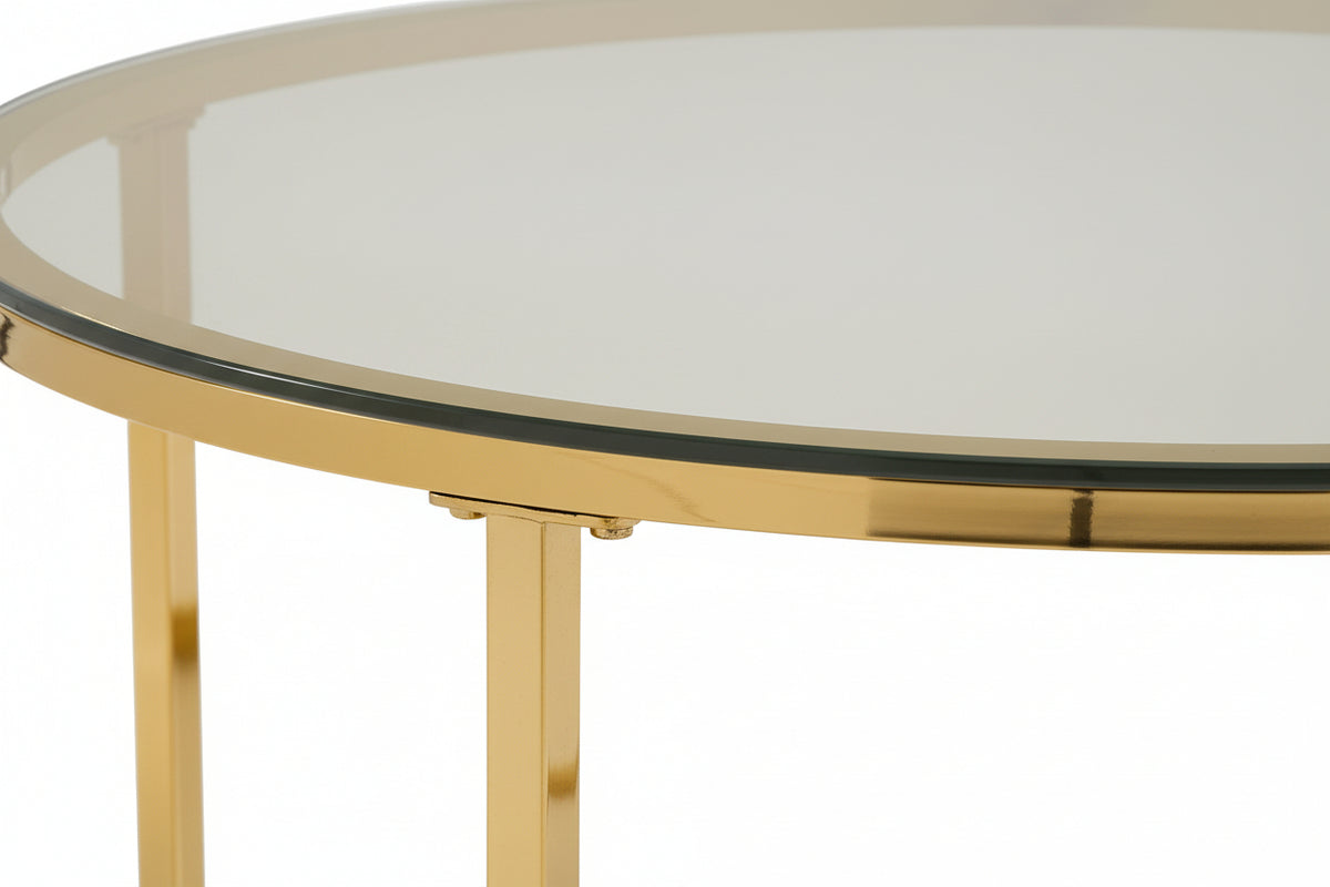 Table Basse LORIE Ronde Plateau Verre Trempé Transparent Structure Métal Gold D90x45cm