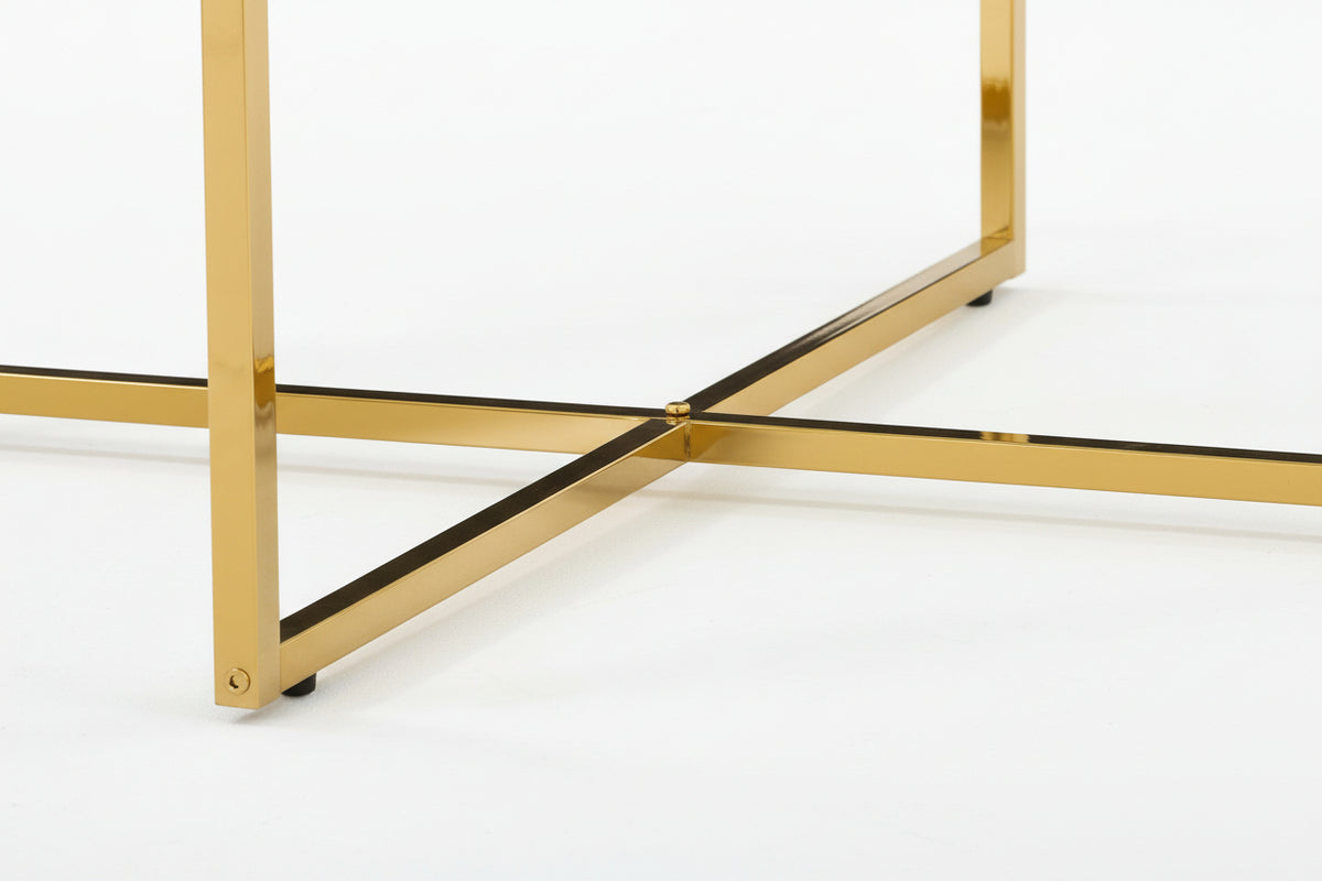 Table Basse LORIE Ronde Plateau Verre Trempé Transparent Structure Métal Gold D90x45cm