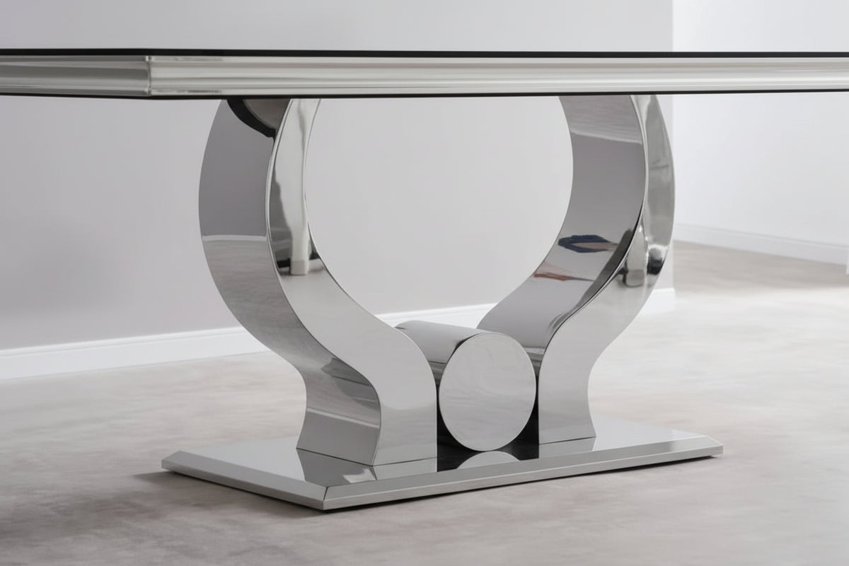 Table à manger verre noir pied métal chrome 180x90 cm TROFY
