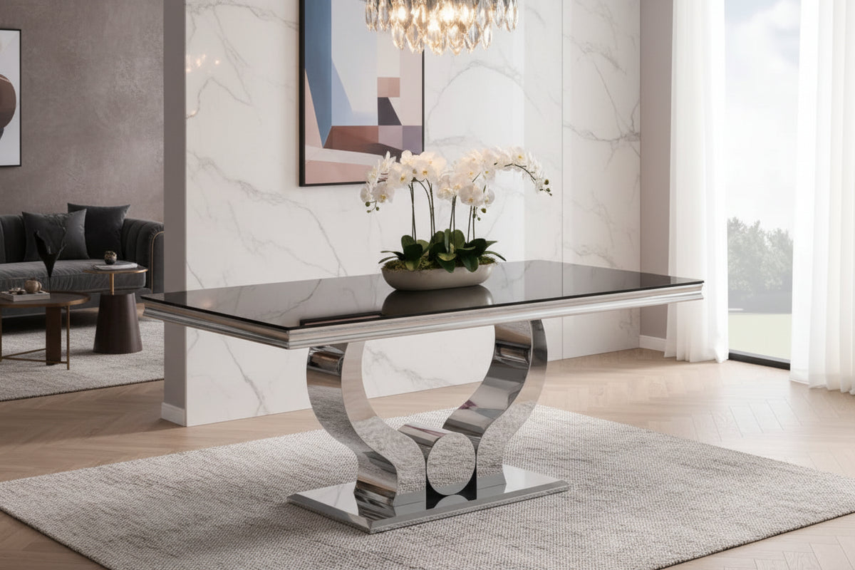 Table à manger verre noir pied métal chrome 180x90 cm TROFY