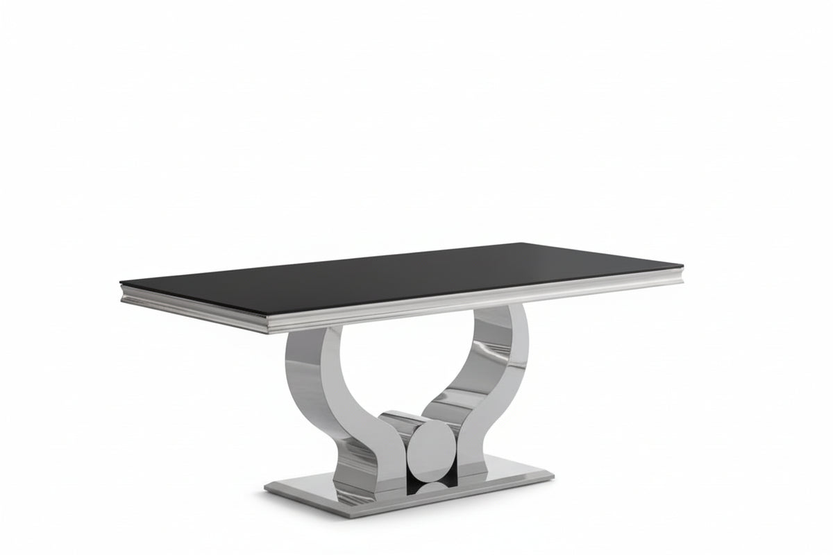 Table à manger verre noir pied métal chrome 180x90 cm TROFY