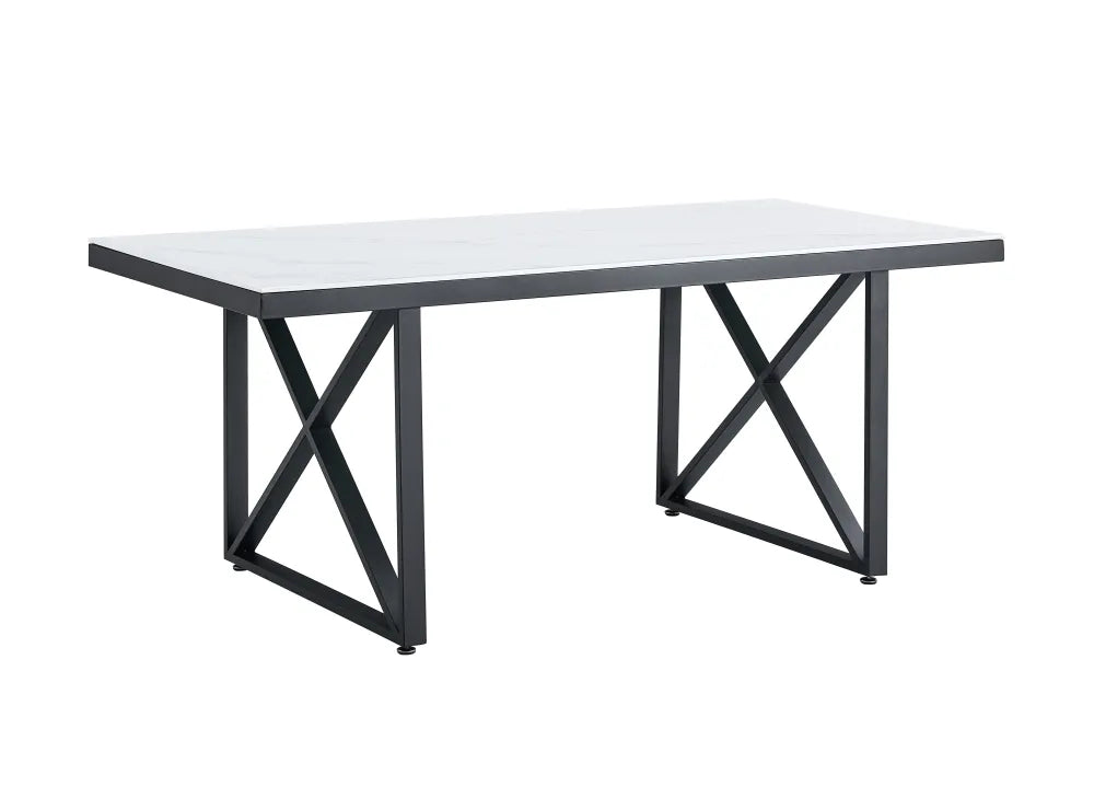 Table repas LEVANTO métal noir plateau en verre trempé #couleur_marbré-blanc
