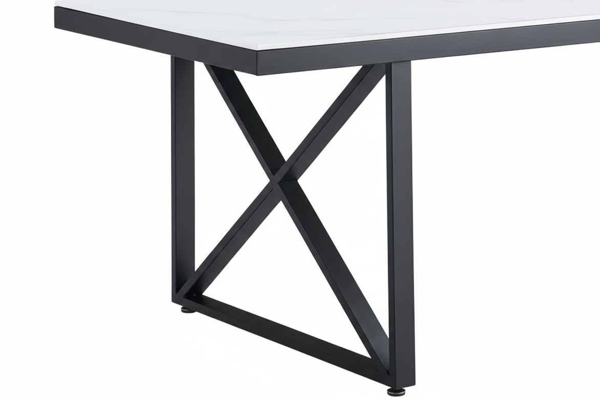 Table à Manger Design Verre Trempé Marbré Blanc & Métal Noir – 180×90 cm