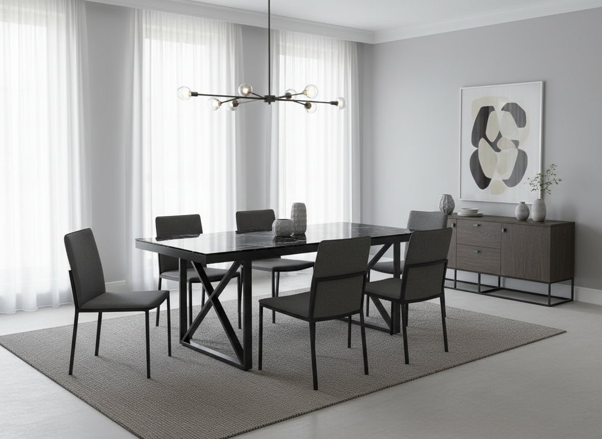Table repas LEVANTO métal noir plateau en verre trempé #couleur_marbré-noir