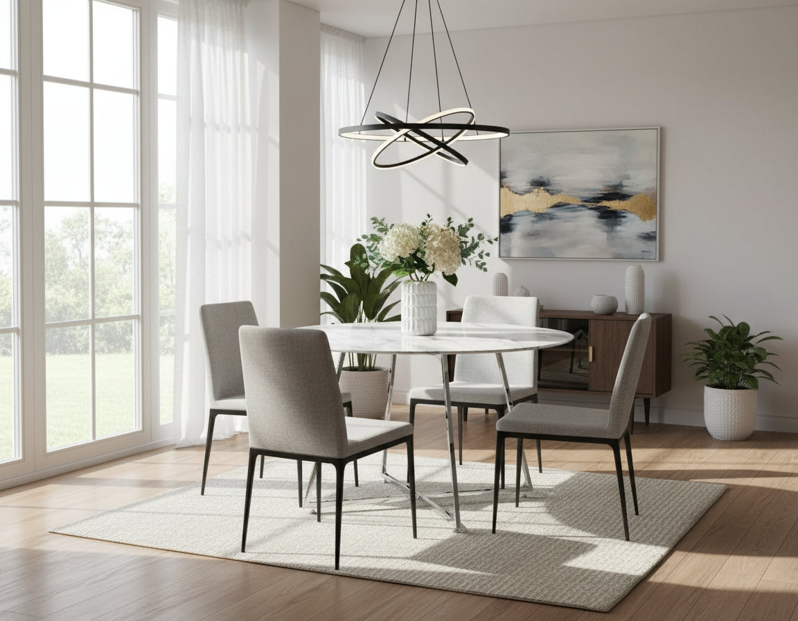 Table à manger ronde 4 personnes HELOISE Chrome en verre trempé D120 cm #couleur_marbré-blanc