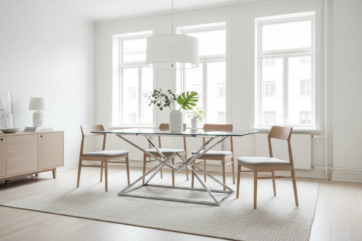 Table à Manger en Verre Transparent & Chrome – 150×90×75 cm – PYRAMIDE