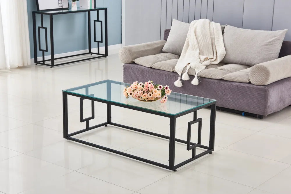 Table Basse SOPHIE Pieds Métal Noir Plateau Verre Trempé Transparent 120x60x45cm