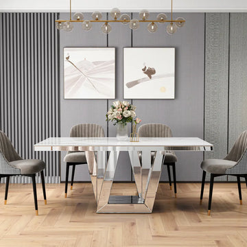 Table à manger ELEGANCE miroir plateau marbre blanc
