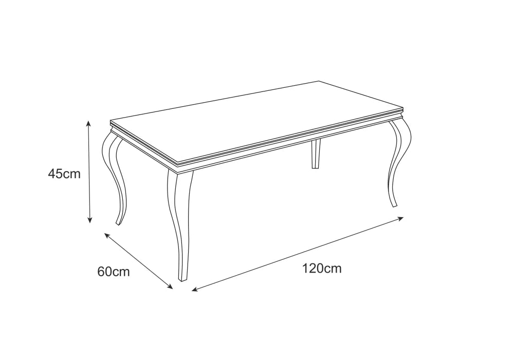 Table Basse BAROQUE Rectangle Plateau Verre Trempé Marbré Blanc Pieds Chrome 120x60x45cm