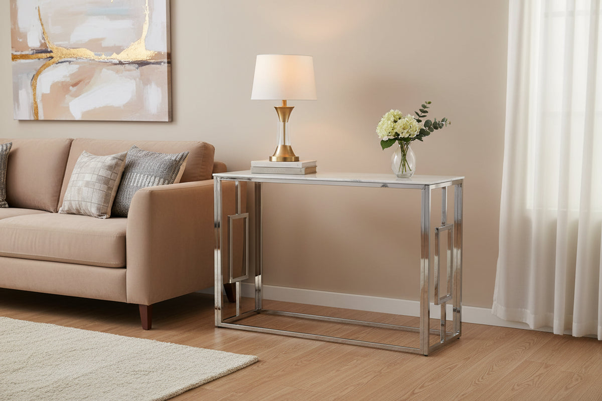 Console finition chrome plateau effet marbré120 cm SOPHIE